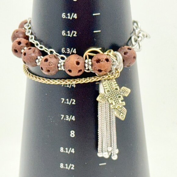 Vintage Lucky Brand Boho Charm Lava Bead Bracelet W/ Tassel, Cross, Unity Charm - Picture 4 of 4